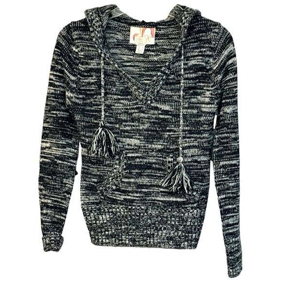 OP | Black & White Women’s Marbled V-Neck Knit Hoodie Sweater - Picture 1 of 9